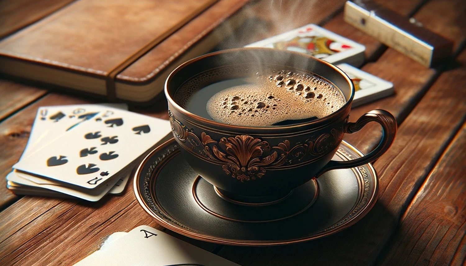 A cup of steaming coffee on a wooden table, some playing cards, and a notebook.