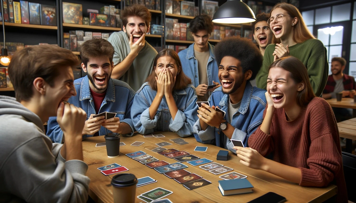 Students playing a card game at Boardwalk Games